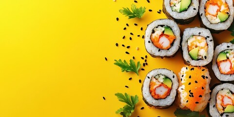 Delicious sushi rolls arranged on a vibrant yellow background, highlighting fresh ingredients and artistic presentation, background with copy space