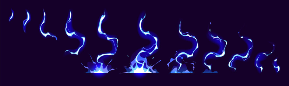 Lightning sprite animation, cartoon thunderbolt sprite sheet. Vector blue storm bolt, electricity hit, game fx effect. Animated sequence frame of electric strike, magic energy and otherworldly power