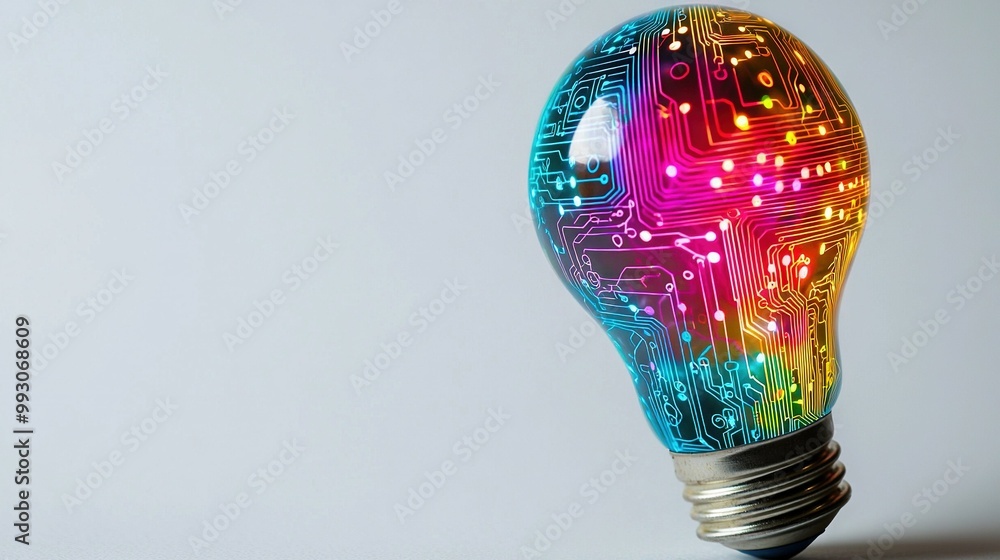 Poster a multicolored circuit board pattern adorned bulb, against a white backdrop