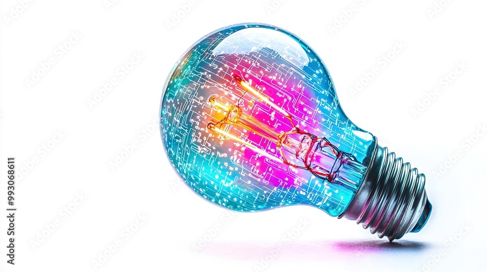 Poster a close-up of a light bulb with a circuit board in the form of a light bulb on a white background