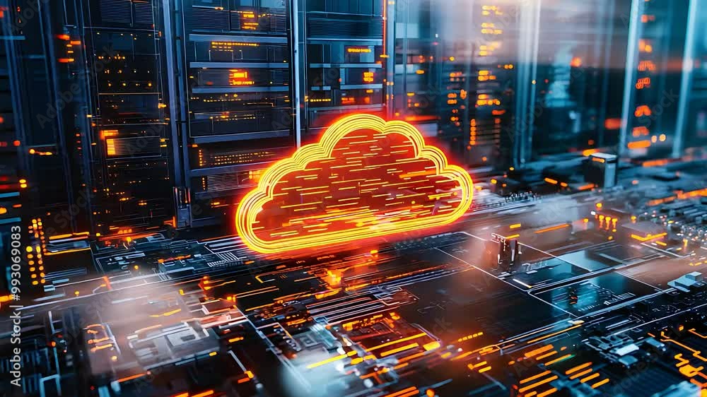 Poster futuristic cloud technology, ai-driven data processing, digital infrastructure, cyber network securi