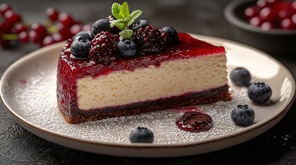   A white plate featuring a cheesecake with blueberries and raspberries on top