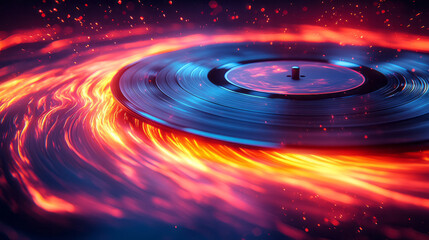 Obraz premium An abstract scene of a glowing vinyl record with bold, neon-colored waves emanating from the center,