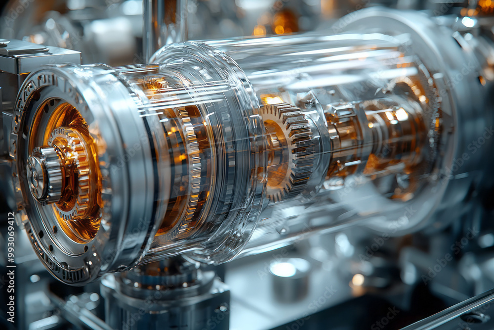 Poster a close-up of a futuristic mechanical device, featuring interconnected gears and pistons in motion,