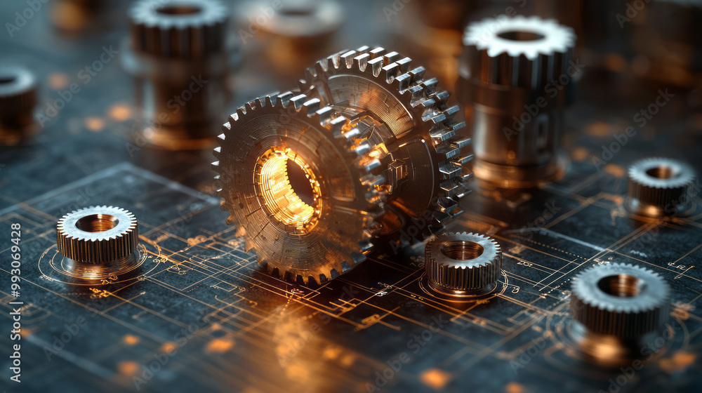 Aufkleber A detailed mechanical blueprint with intricate gears and cogs,