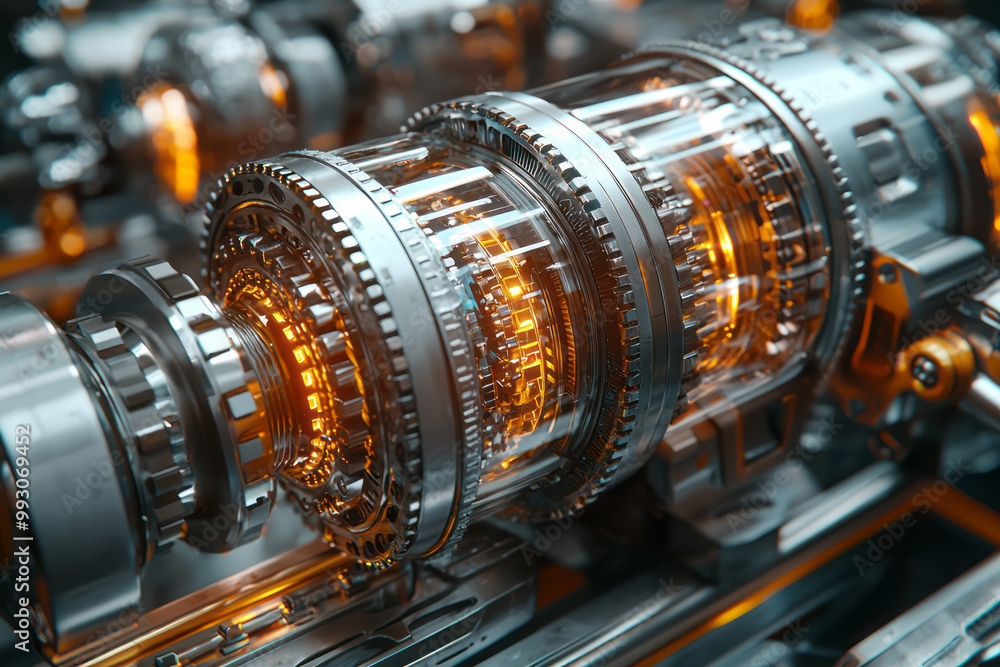 Poster a close-up of a futuristic mechanical device, featuring interconnected gears and pistons in motion,