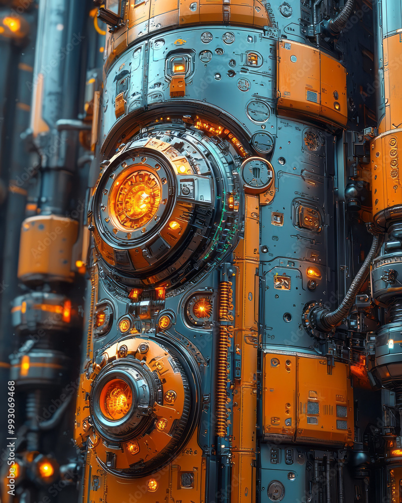 Poster An abstract mechanical machine with rotating gears and intricate metalwork,