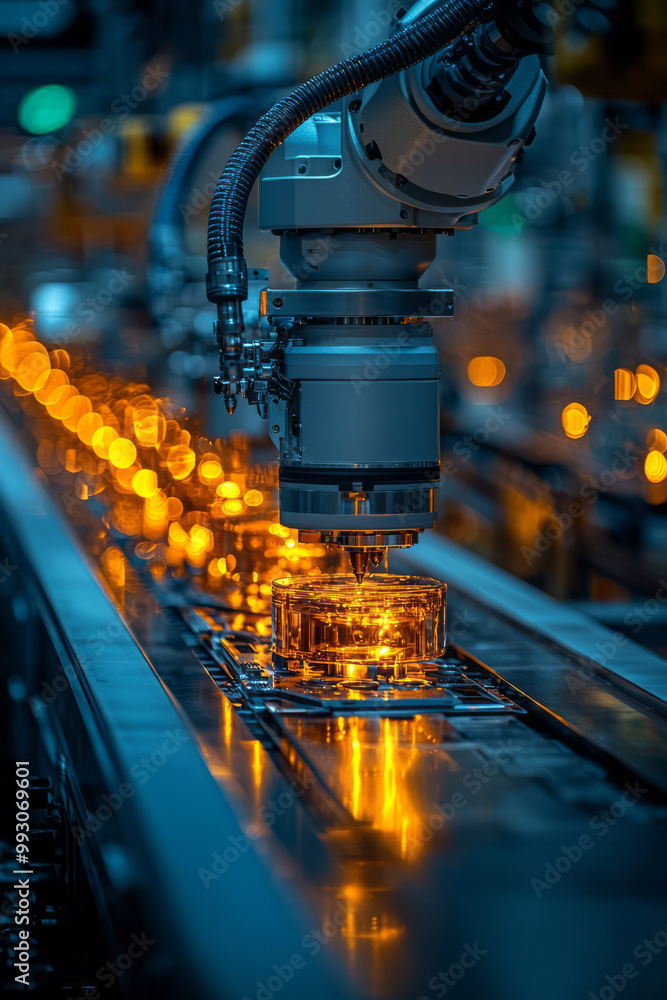 Poster A modern factory setting with robotic arms assembling mechanical parts,
