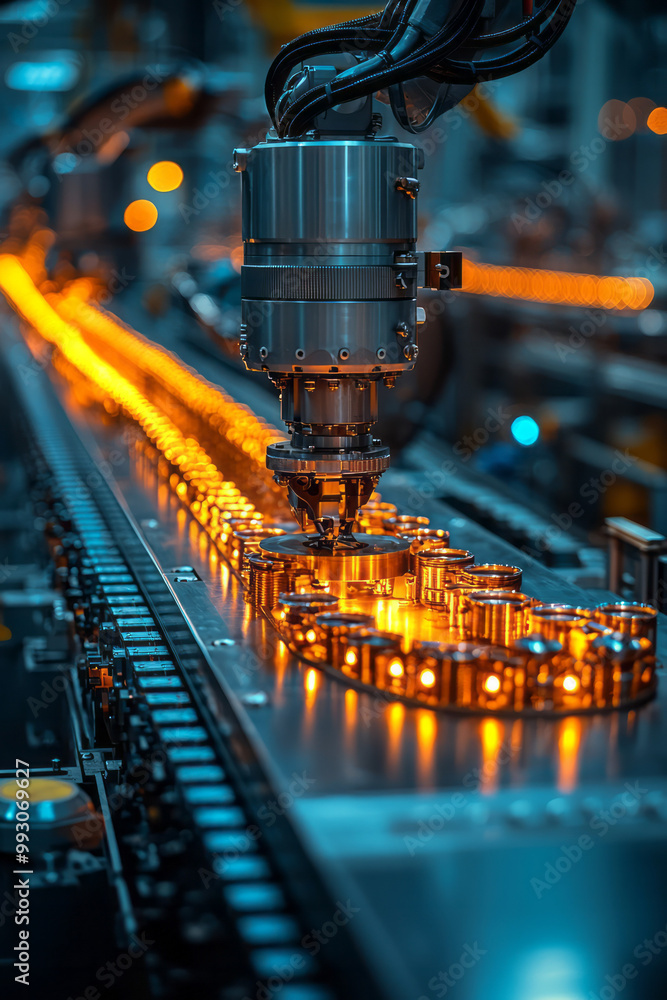 Poster A modern factory setting with robotic arms assembling mechanical parts,