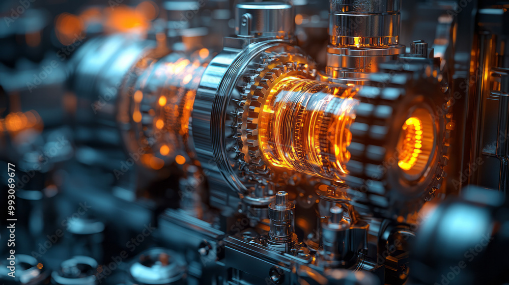 Poster a glowing 3d model of an engine in motion, showing the inner workings of its pistons, gears, and rot