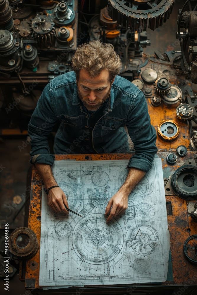Poster A mechanical engineer working with blueprints and gears, surrounded by tools and machinery,