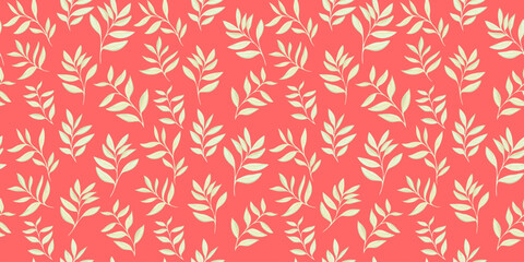 Colorful seamless  pattern with abstract artistic tiny branches leaves. Stylized small leaf stems print. Vector drawing illustration. Nature ornament for textile, fabric, wallpaper