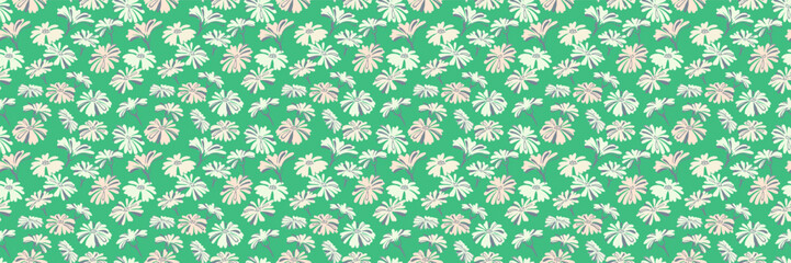 Pastel seamless pattern with abstract stylized shapes flowers on a green mint background. Creative unique meadow print. Simple summer ornament texture. Vector hand drawn.