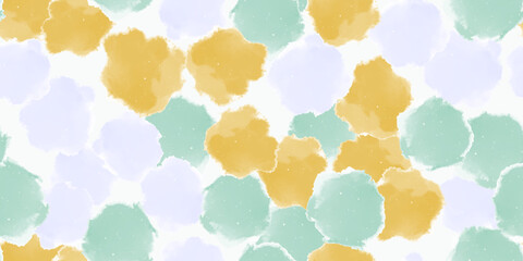 Abstract seamless pattern, background with yellow, green, lilac watercolor shapes and stains. Repeating vector design element for print