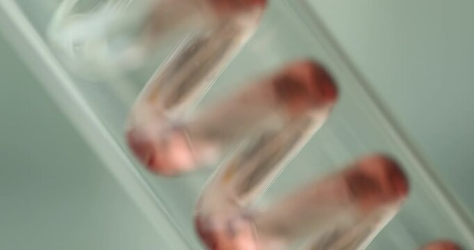 Red liquid flows up through spiral plastic tube in laboratory equipment. Liquid during chemical experiment slow motion. Study of chemical properties in modern laboratory