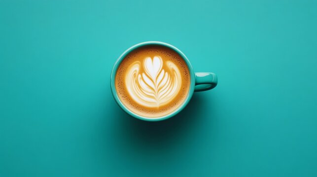 Top view of a latte with latte art in a turquoise mug on a teal background.