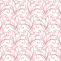 Lacy seamless pattern for your design project. Isolated monochrome red curls on white background. Exquisite lace of curved lines. Classic vintage design for wallpaper, textile, webdesign, etc.