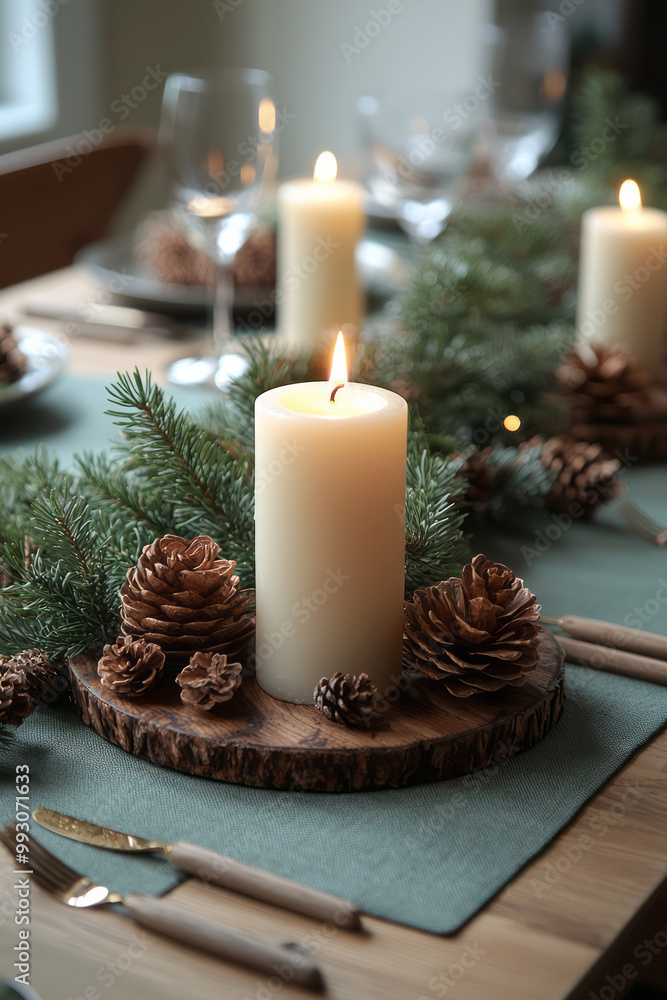 Aufkleber a simple christmas table setting with a single candle and greenery centerpiece,