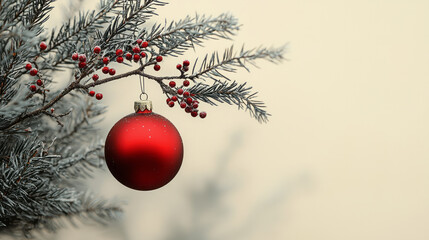A simple Christmas card design featuring a single red ornament hanging from a pine branch,