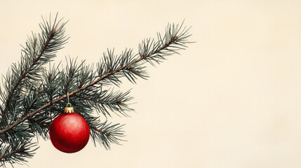 A simple Christmas card design featuring a single red ornament hanging from a pine branch,