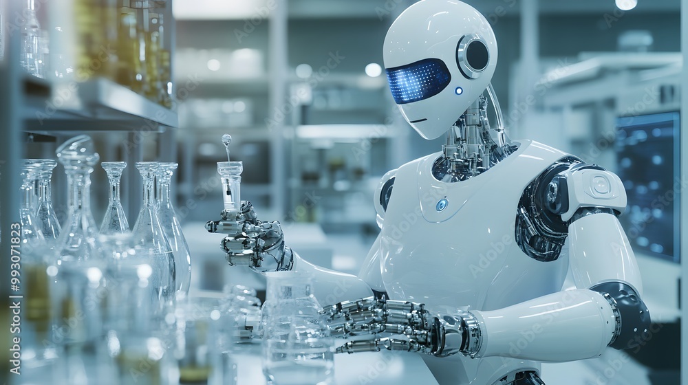 Poster a humanoid robot working in a laboratory setting with glassware