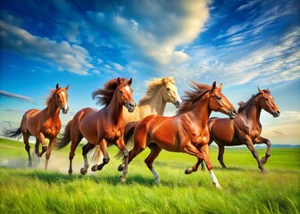 A stunning display of majestic horses gallops across a lush, green field, their powerful strides set against the