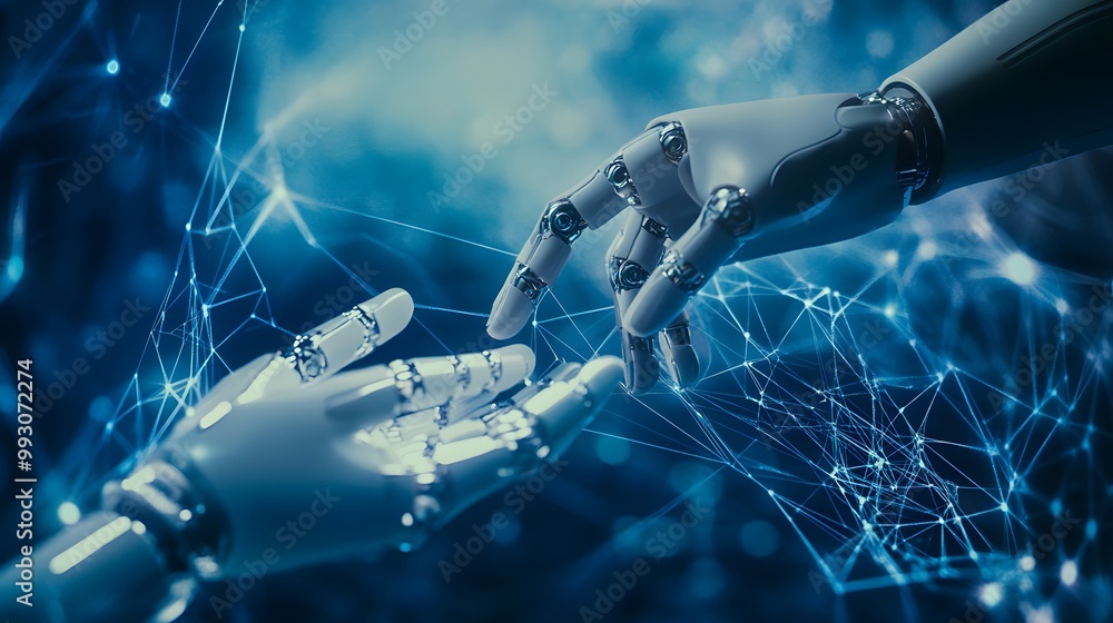 Poster two robotic hands reaching towards each other in a network of lines