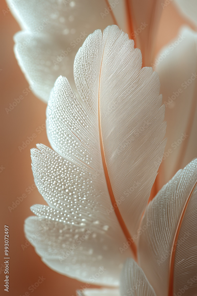 Poster a soft close-up of a white bird feather with gentle curves,