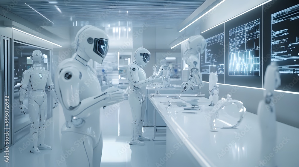 Poster three white robots working in a futuristic laboratory