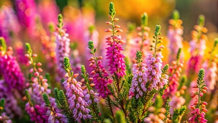 Obraz premium Background of a multicolored flowering heather plant captured from a low angle, low angle, beauty, background, blooms, heather, multicolored, seasonal, summer,nature, foliage