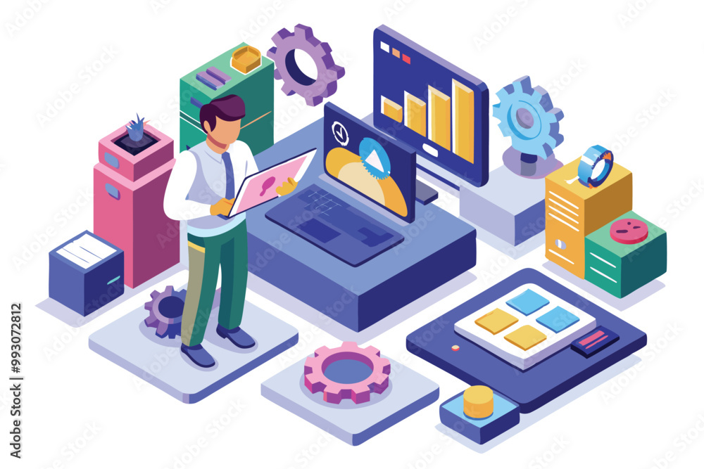 Poster a software tester engages with customizable tools and technology in a vibrant work setting, customiz