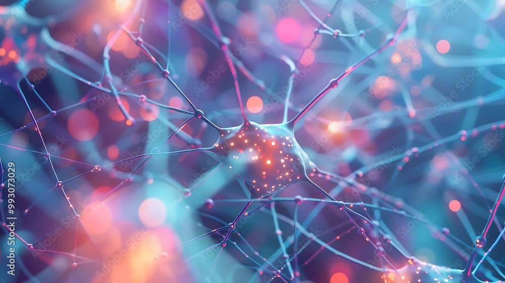 Poster a 3d representation of a neural network with interconnected nodes and data streams, symbolizing glob