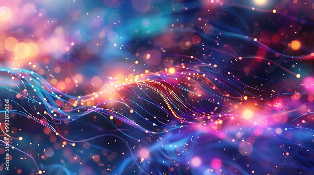 Poster high-tech illustration of a neural network, representing global data flow and cybersecurity with col