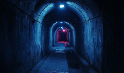 Blue and red lights illuminate a dark tunnel.