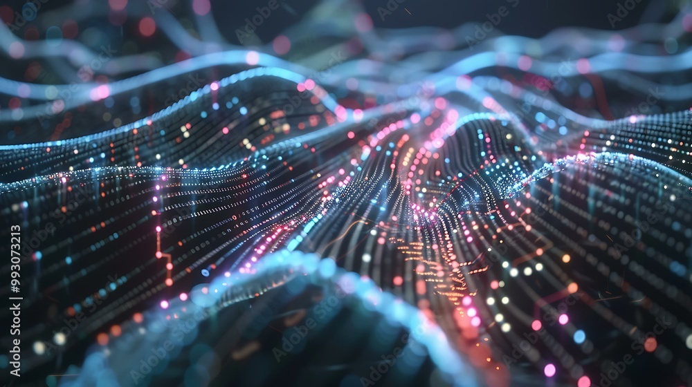 Poster visualization of artificial intelligence and big data analytics, featuring neural pathways and digit