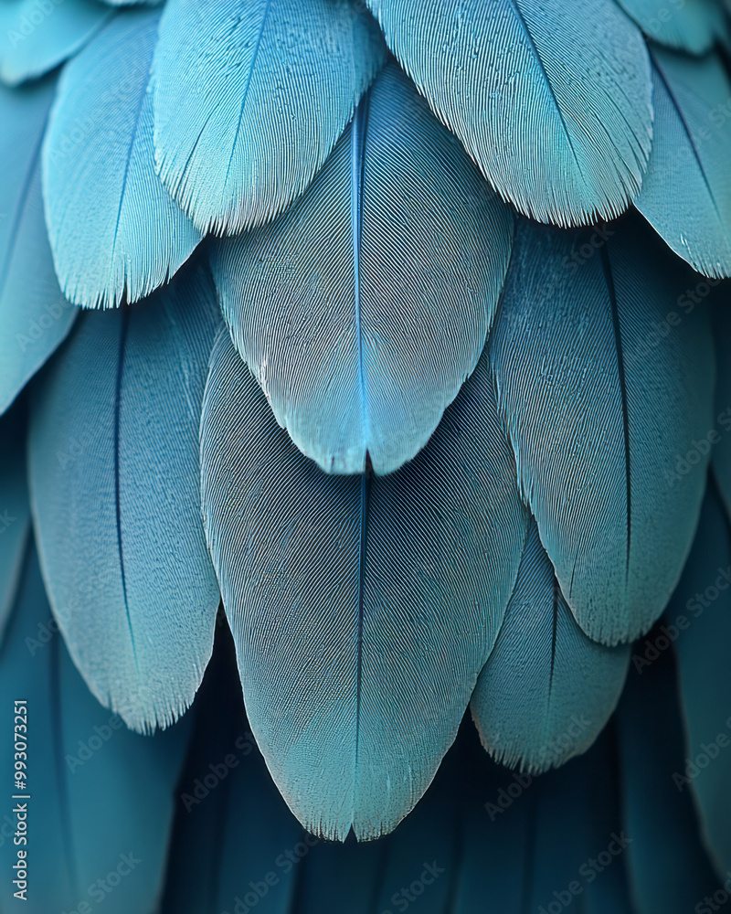 Poster a detailed close-up of a bird wing, focusing on the overlapping feathers in shades of grey and blue,