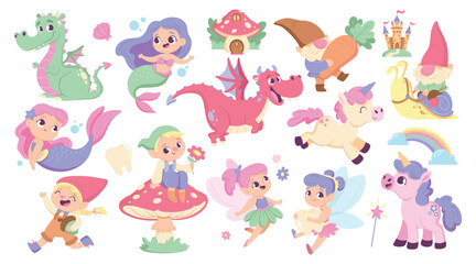 Hand drawn flat cute mythical creatures elements