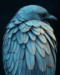Fototapeta premium A detailed close-up of a bird wing, focusing on the overlapping feathers in shades of grey and blue,