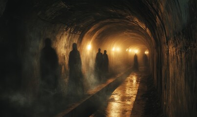 Naklejka premium Dark tunnel with shadowy figures.