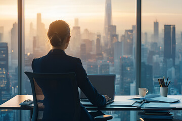 A female executive in a navy blue pantsuit, working in a corner office with a city skyline view, typing on her laptop.