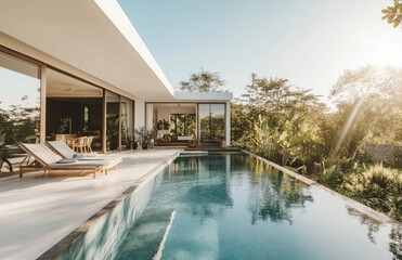 Fototapeta premium the front view, small swimming pool, and garden in a minimalist-style Bali villa with white walls, bright light, and daylight.