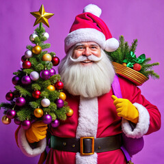  A cheerful Santa Claus holding a Christmas tree with ornaments, showcasing holiday spirit and joy against a vibrant  background. 