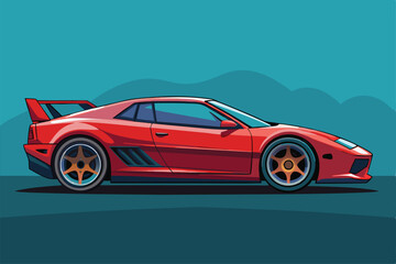 Naklejka premium A sleek red sports car stands prominently, showcasing its customizable features against a vibrant backdrop, Customizable sports car illustration