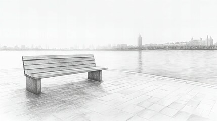 Cityscape view with an empty park bench drawn in delicate pencil sketch style featuring a peaceful atmosphere new beautiful stock image illustration AI