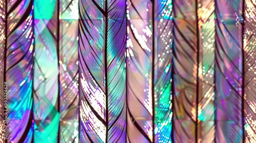 Poster a detailed depiction of a multi-colored backdrop featuring an array of feather patterns both exterio