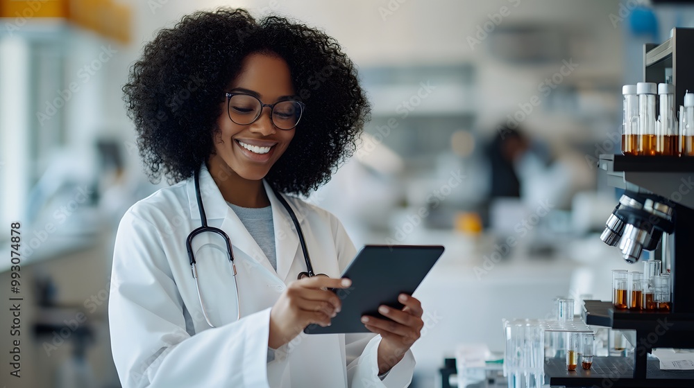 Poster a smiling female scientist reviewing data on a tablet in a lab