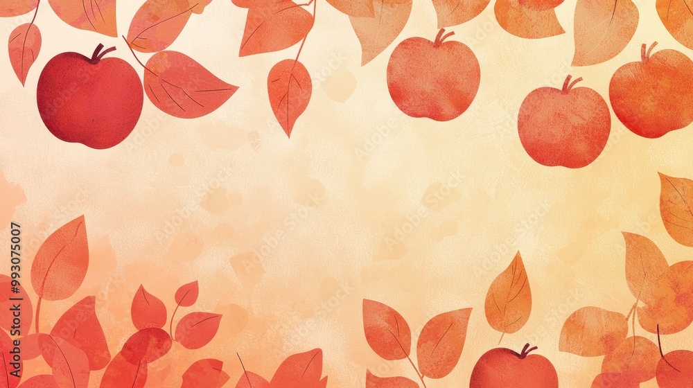 Poster red apples and leaves are forming a border on the top and bottom of a gradient background, leaving a