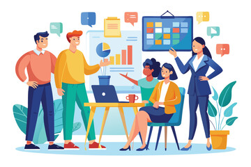 A diverse team collaboratively discussing project updates during a standup meeting at their workplace, Customizable Standup Meeting Illustration