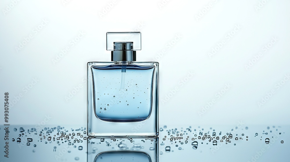 Poster detailed image of a water bottle with numerous droplets clustered at its base on a flat table surfac