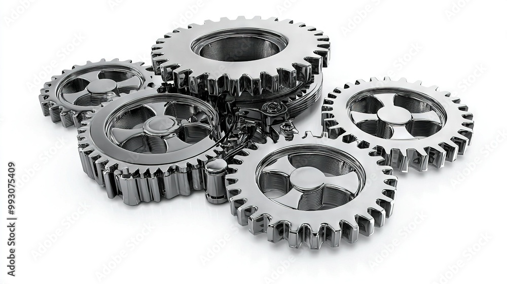 Poster a set of metallic gears arranged side-by-side on a white background against a white backdrop